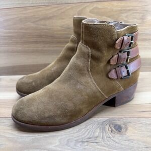 UGG Volta Tan Brown Suede Booties Womens 9.5 Zip Stacked Heel Ankle
